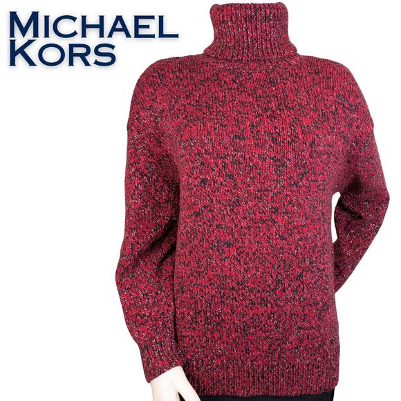 Michael Kors Turtleneck Sweater Small Marled Red Black Silver Metallic Holiday - Picture 1 of 8
